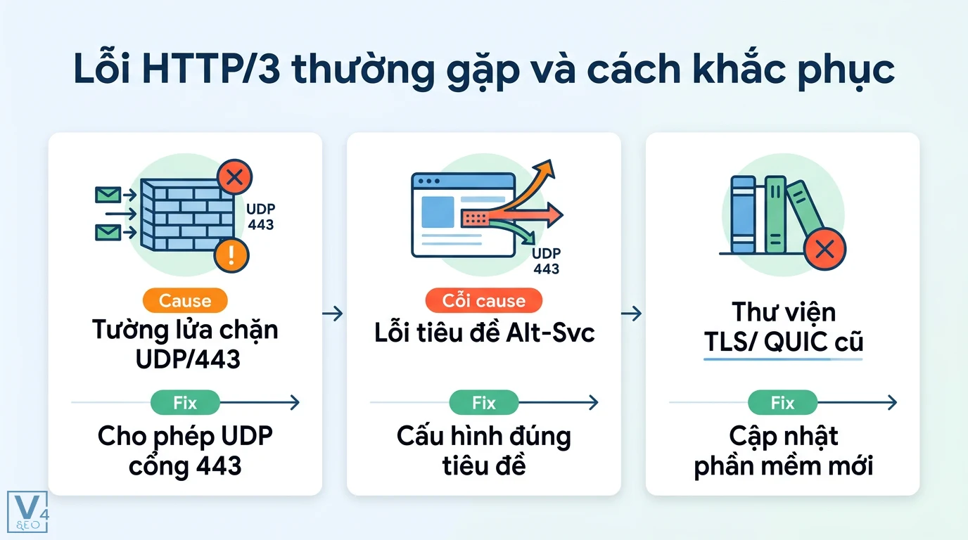 HTTP/3 là gì? Giao thức QUIC và hướng dẫn tối ưu website 2026 3 Khắc phục lỗi HTTP/3 thường gặp do tường lửa chặn UDP 443, sai tiêu đề Alt-Svc và thư viện TLS QUIC cũ bằng cách cập nhật cấu hình hệ thống