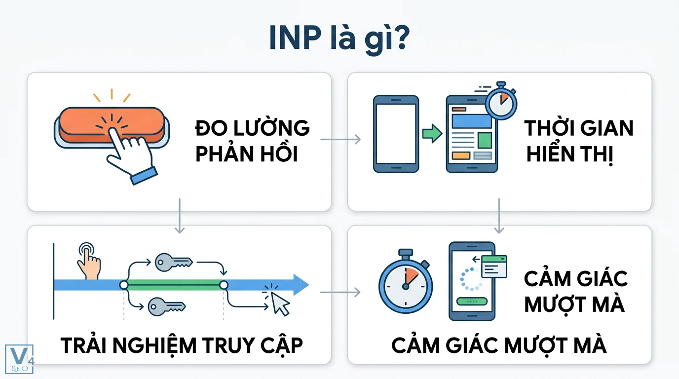 INP là gì? Cách tối ưu Interaction to Next Paint chuẩn Google 1 Chỉ số INP đo lường phản hồi và thời gian hiển thị nhằm tối ưu trải nghiệm truy cập và cảm giác mượt mà cho người dùng trên website