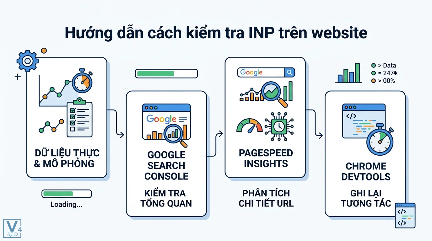 INP là gì? Cách tối ưu Interaction to Next Paint chuẩn Google 2 Cách kiểm tra INP trên website bằng Google Search Console để xem tổng quan, PageSpeed Insights phân tích URL và Chrome DevTools ghi lại tương tác