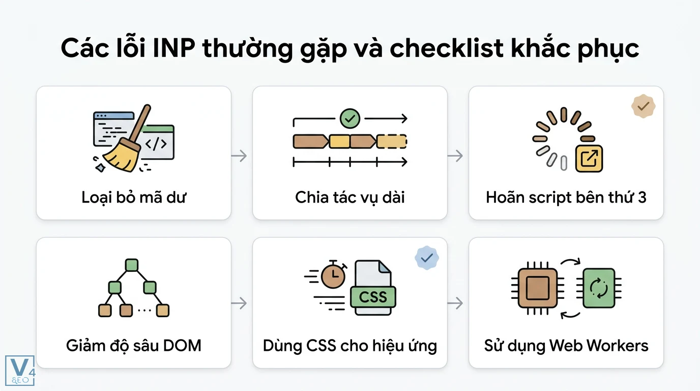 INP là gì? Cách tối ưu Interaction to Next Paint chuẩn Google 3 Checklist khắc phục lỗi INP gồm loại bỏ mã dư, chia tác vụ dài, hoãn script bên thứ ba, giảm độ sâu DOM, dùng CSS cho hiệu ứng và Web Workers