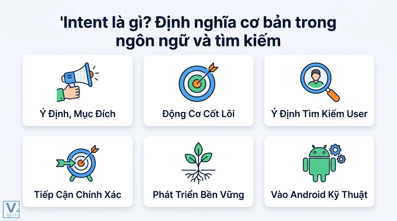 Intent chính là gì? Giải mã ý nghĩa và cách dùng Intent Android 1 Định nghĩa Intent bao gồm ý định mục đích, động cơ cốt lõi, ý định tìm kiếm của user và khía cạnh kỹ thuật trong hệ điều hành Android