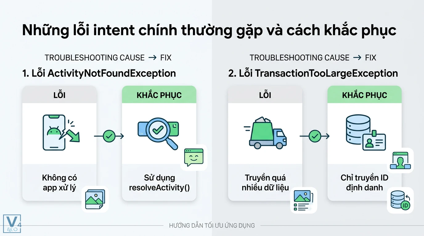 Intent chính là gì? Giải mã ý nghĩa và cách dùng Intent Android 3 Khắc phục lỗi ActivityNotFoundException bằng resolveActivity và xử lý TransactionTooLargeException bằng cách chỉ truyền ID định danh