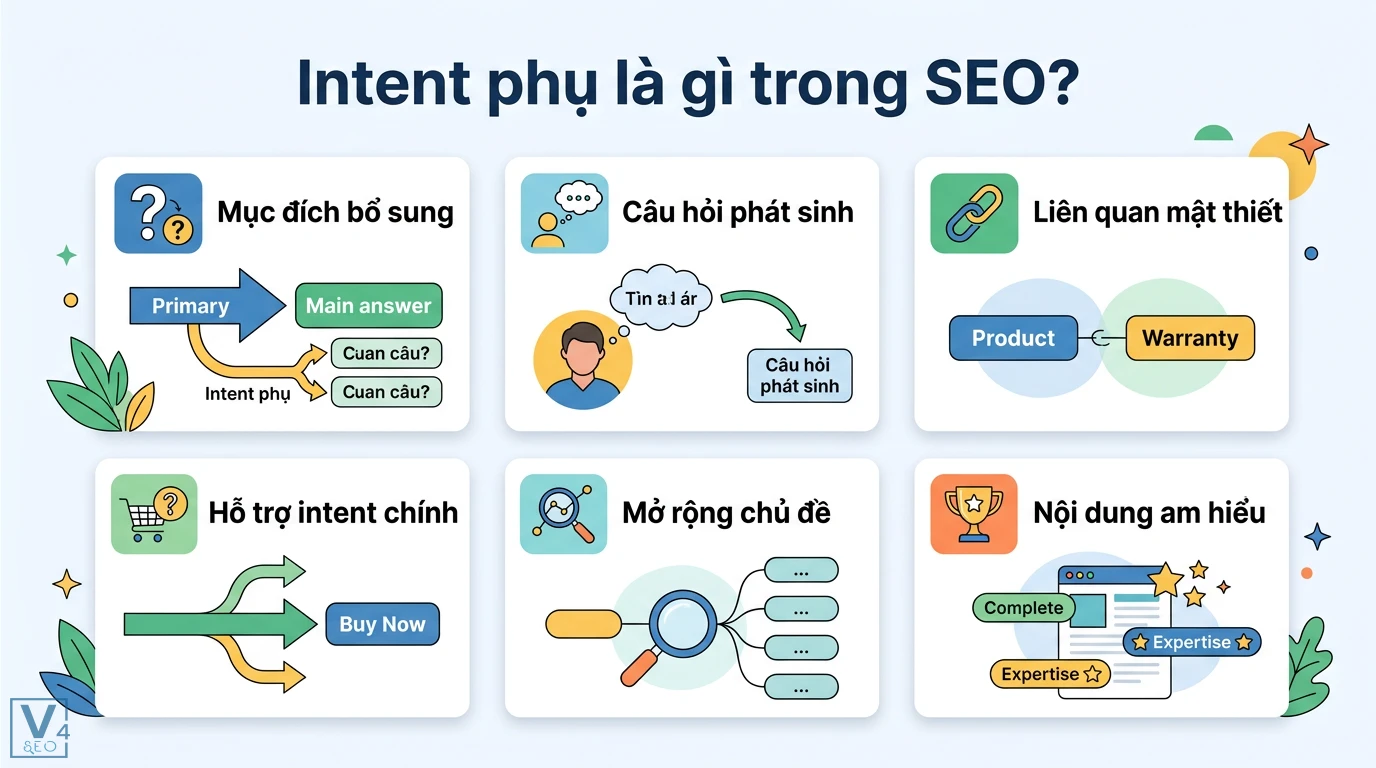 Intent phụ là gì? Cách bao phủ intent phụ để tăng Topical Authority 1 Intent phụ trong SEO giúp mở rộng chủ đề thông qua các mục đích bổ sung, câu hỏi phát sinh liên quan mật thiết nhằm hỗ trợ intent chính