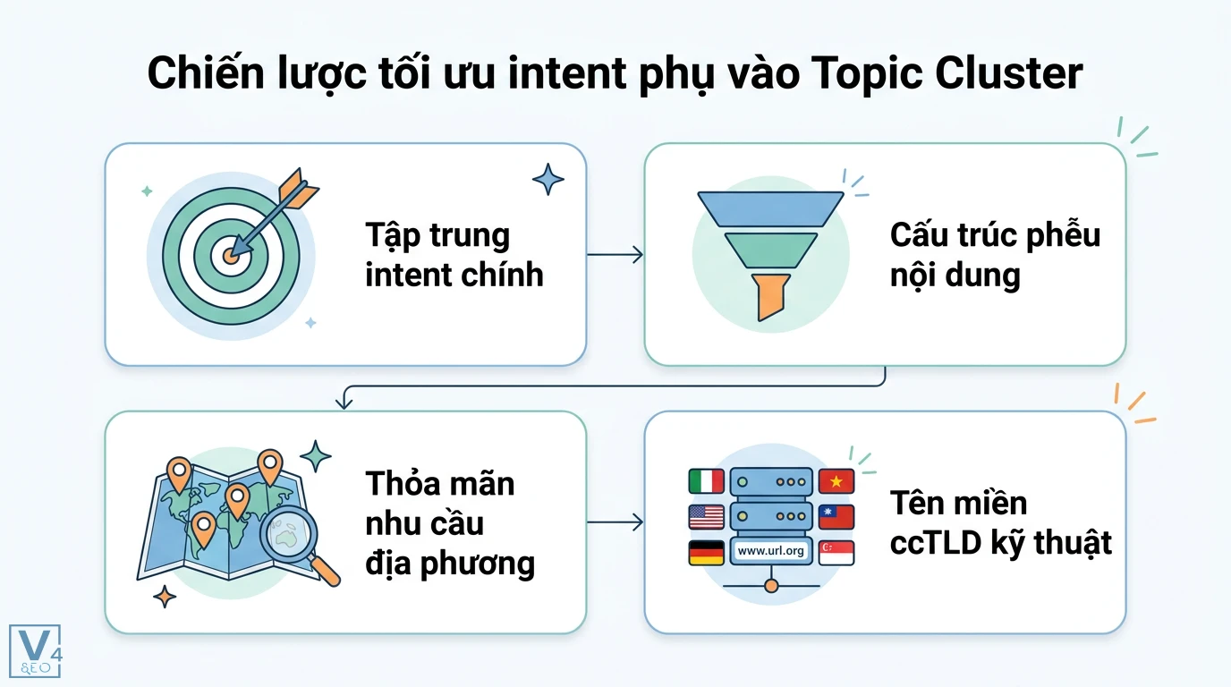 Intent phụ là gì? Cách bao phủ intent phụ để tăng Topical Authority 2 Chiến lược tối ưu intent phụ vào Topic Cluster qua tập trung intent chính, cấu trúc phễu nội dung và kỹ thuật tên miền ccTLD địa phương