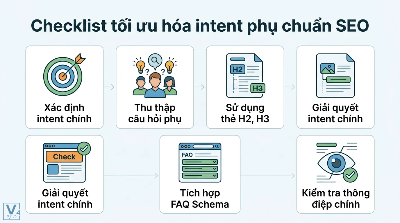 Intent phụ là gì? Cách bao phủ intent phụ để tăng Topical Authority 3 Checklist tối ưu hóa intent phụ chuẩn SEO gồm xác định intent chính, thu thập câu hỏi phụ, dùng thẻ H2 H3, FAQ Schema và kiểm tra thông điệp lõi
