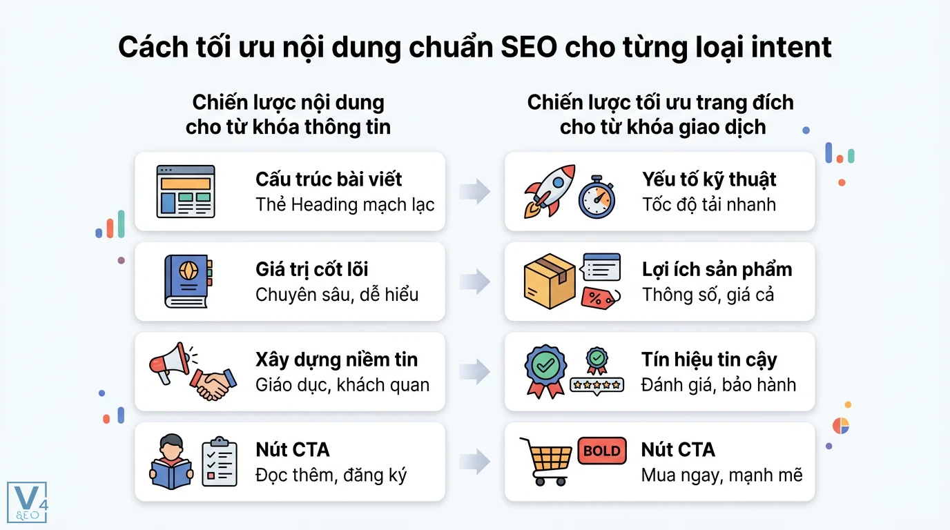 Phân biệt intent thông tin vs giao dịch là gì? Cách tối ưu SEO 2 Cách tối ưu nội dung chuẩn SEO cho intent thông tin và giao dịch dựa trên cấu trúc bài viết, giá trị cốt lõi, tín hiệu tin cậy và nút CTA