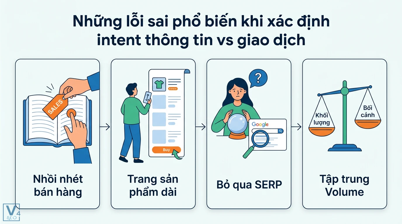 Phân biệt intent thông tin vs giao dịch là gì? Cách tối ưu SEO 3 Những lỗi sai khi xác định intent gồm nhồi nhét bán hàng, trang sản phẩm dài, bỏ qua SERP và ưu tiên volume thay vì bối cảnh người dùng