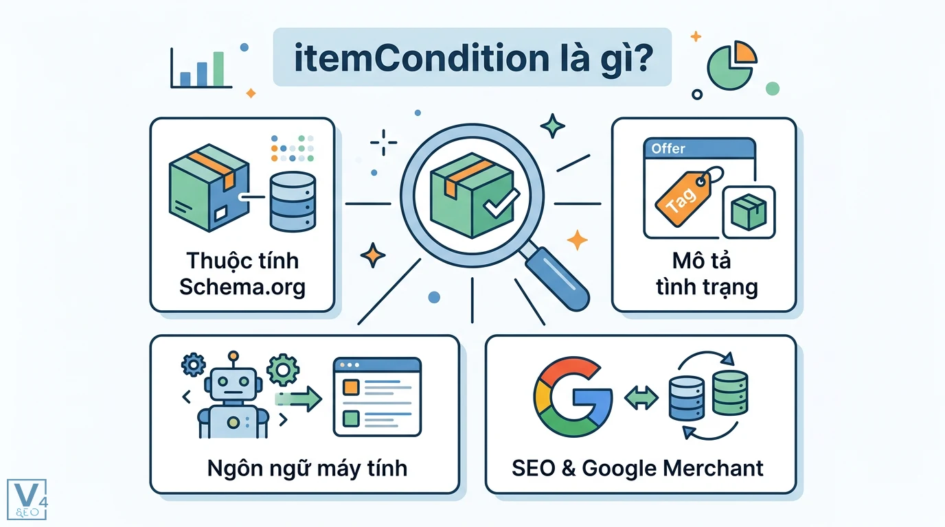 itemCondition là gì? Cách khai báo tình trạng sản phẩm chuẩn SEO 3 itemCondition Schema.org mô tả tình trạng sản phẩm bằng ngôn ngữ máy tính giúp đồng bộ dữ liệu với Google Merchant Center và tối ưu SEO