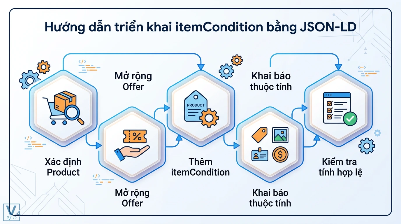 itemCondition là gì? Cách khai báo tình trạng sản phẩm chuẩn SEO 1 Triển khai itemCondition bằng JSON-LD gồm xác định Product, mở rộng Offer, khai báo thuộc tính và kiểm tra tính hợp lệ dữ liệu có cấu trúc