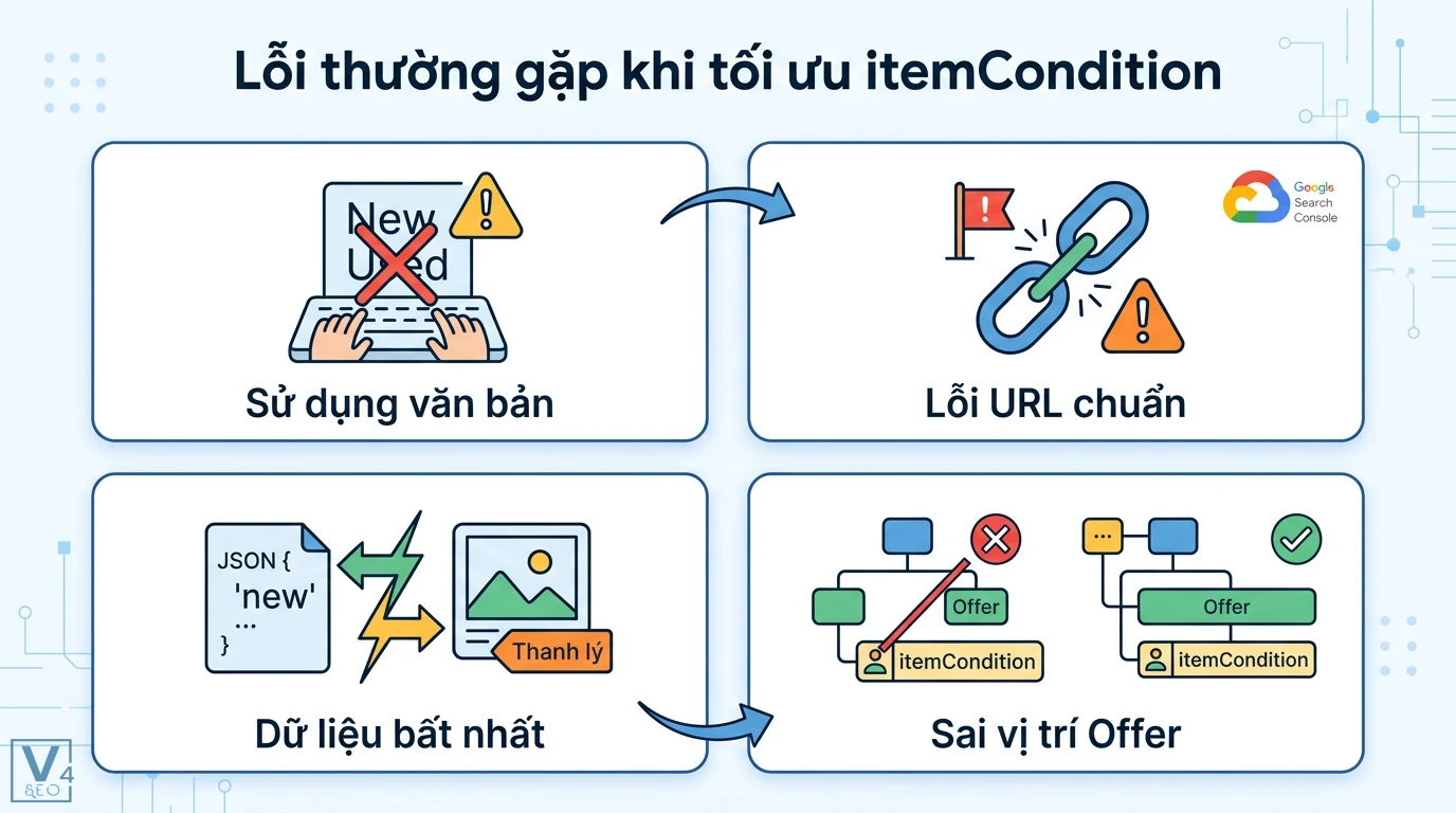 itemCondition là gì? Cách khai báo tình trạng sản phẩm chuẩn SEO 2 Lỗi thường gặp khi tối ưu itemCondition gồm sử dụng văn bản thay vì URL chuẩn, dữ liệu JSON-LD bất nhất và đặt sai vị trí trong Offer