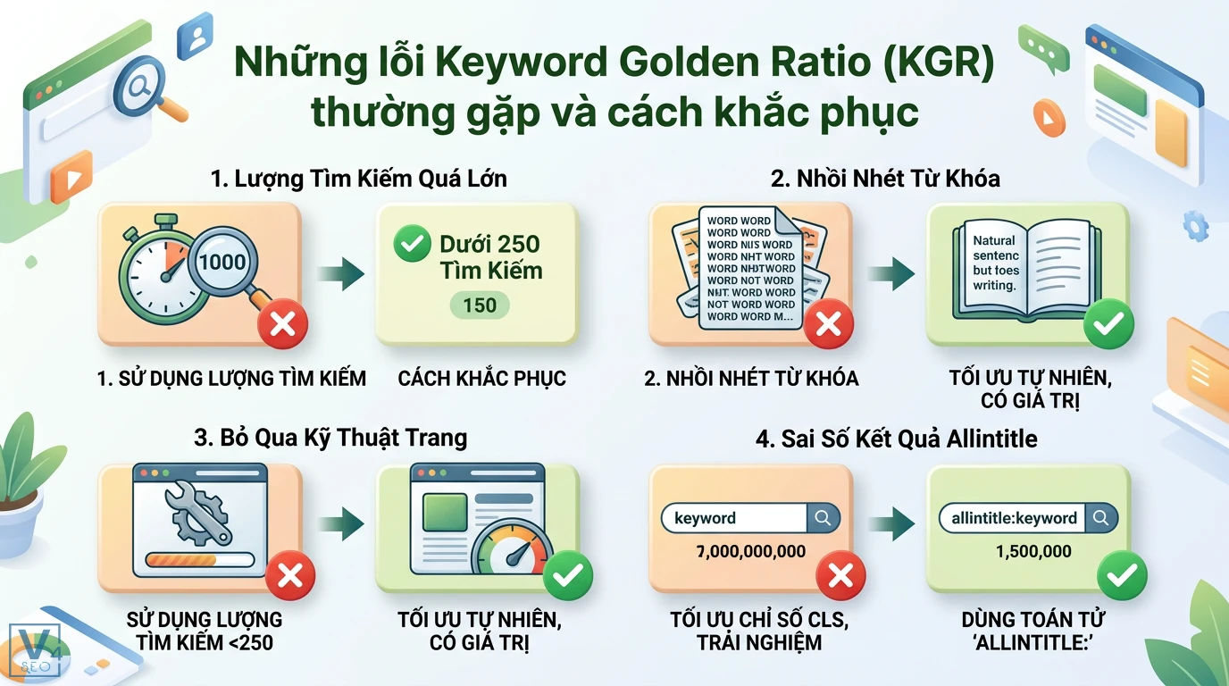 Keyword Golden Ratio (KGR) là gì? Cách áp dụng và bộ công cụ tính 3 Lỗi Keyword Golden Ratio thường gặp và cách khắc phục gồm chọn lượng tìm kiếm dưới 250, viết tự nhiên, tối ưu CLS và dùng toán tử allintitle