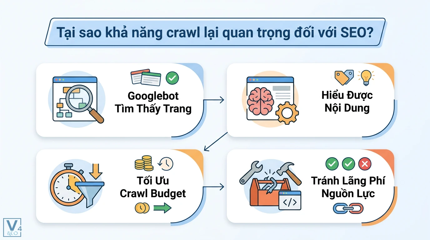 Khả năng crawl (crawlability) là gì? Hướng dẫn audit và tối ưu 1 Khả năng crawl giúp Googlebot tìm thấy trang, hiểu nội dung, tối ưu crawl budget và tránh lãng phí nguồn lực SEO