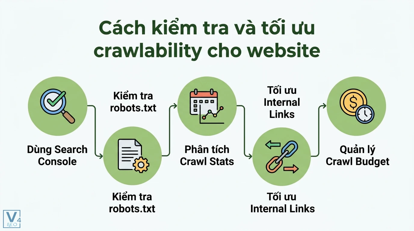 Khả năng crawl (crawlability) là gì? Hướng dẫn audit và tối ưu 2 Cách tối ưu crawlability qua Search Console, kiểm tra robots.txt, phân tích Crawl Stats, Internal Links và quản lý Crawl Budget
