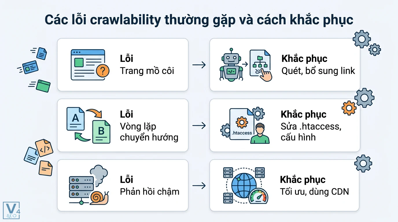 Khả năng crawl (crawlability) là gì? Hướng dẫn audit và tối ưu 3 Các lỗi crawlability như trang mồ côi, vòng lặp chuyển hướng, phản hồi chậm và cách khắc phục bằng quét link, sửa .htaccess, sử dụng CDN