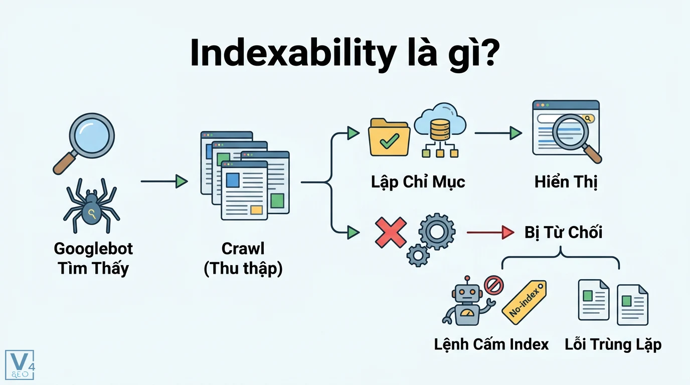 Khả năng index (indexability) là gì? Checklist tối ưu cho website 1 Indexability là quy trình Googlebot crawl dữ liệu, lập chỉ mục để hiển thị hoặc bị từ chối do lệnh cấm index và lỗi trùng lặp nội dung