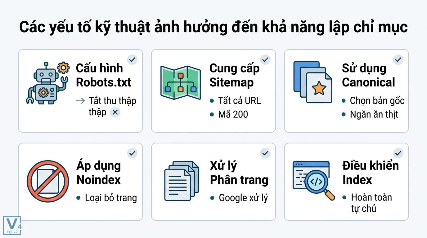 Khả năng index (indexability) là gì? Checklist tối ưu cho website 2 Các yếu tố kỹ thuật ảnh hưởng đến khả năng lập chỉ mục gồm robots.txt, sitemap, thẻ canonical, noindex và kỹ thuật phân trang chuẩn SEO