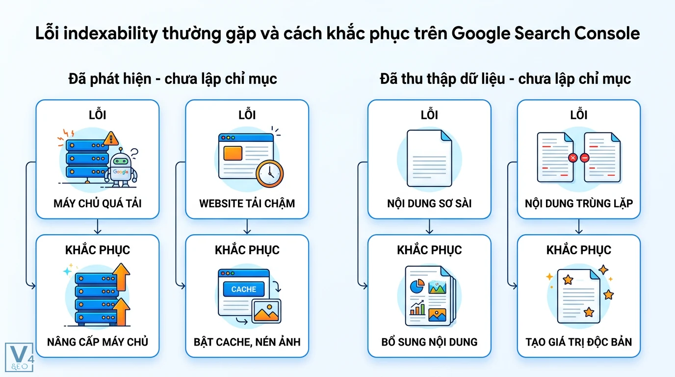 Khả năng index (indexability) là gì? Checklist tối ưu cho website 3 Khắc phục lỗi Đã phát hiện và Đã thu thập chưa lập chỉ mục trên Google Search Console bằng nâng cấp máy chủ và tạo nội dung độc bản
