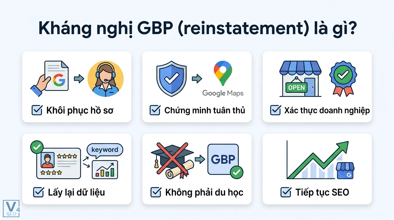 Kháng nghị GBP (reinstatement) là gì? Khôi phục Google Business 1 Kháng nghị GBP reinstatement giúp khôi phục hồ sơ, chứng minh tuân thủ, xác thực doanh nghiệp và lấy lại dữ liệu để duy trì SEO