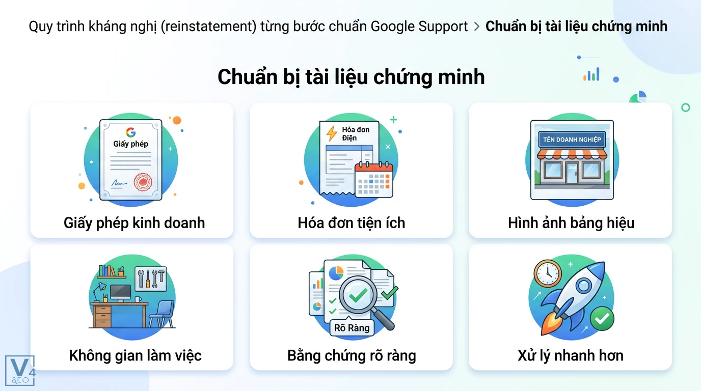 Kháng nghị GBP (reinstatement) là gì? Khôi phục Google Business 2 Tài liệu chứng minh kháng nghị Google Support gồm giấy phép kinh doanh, hóa đơn tiện ích, bảng hiệu, không gian làm việc giúp xử lý nhanh hơn