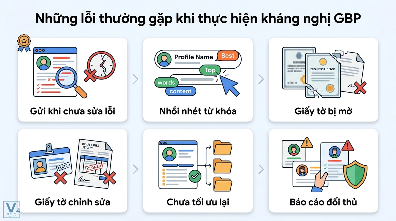 Kháng nghị GBP (reinstatement) là gì? Khôi phục Google Business 3 Những lỗi thường gặp khi kháng nghị GBP gồm nhồi nhét từ khóa, giấy tờ xác minh bị mờ hoặc chỉnh sửa và không tối ưu lại hồ sơ doanh nghiệp