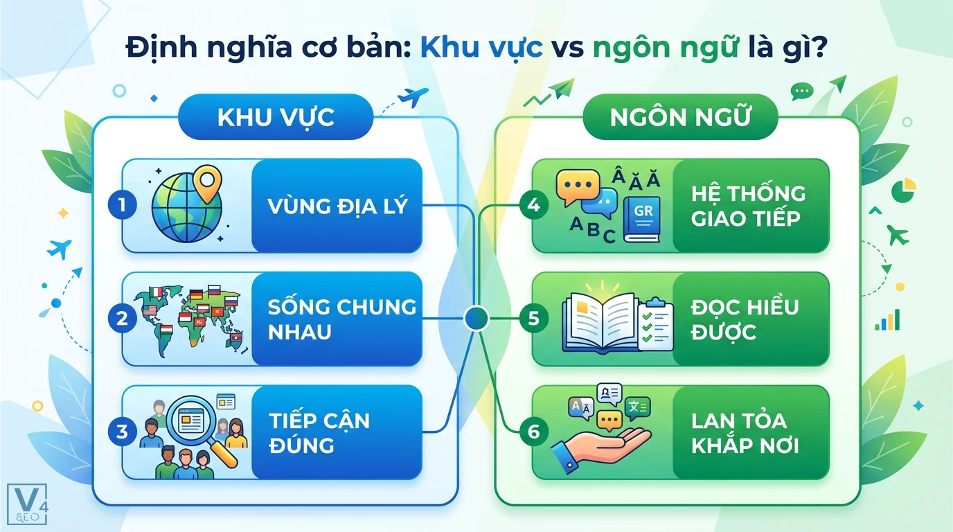 Phân biệt khu vực vs ngôn ngữ là gì trong SEO và ngôn ngữ học 1 Phân biệt khu vực và ngôn ngữ thông qua vùng địa lý, hệ thống giao tiếp và khả năng đọc hiểu để xác định chính xác cách tiếp cận người dùng