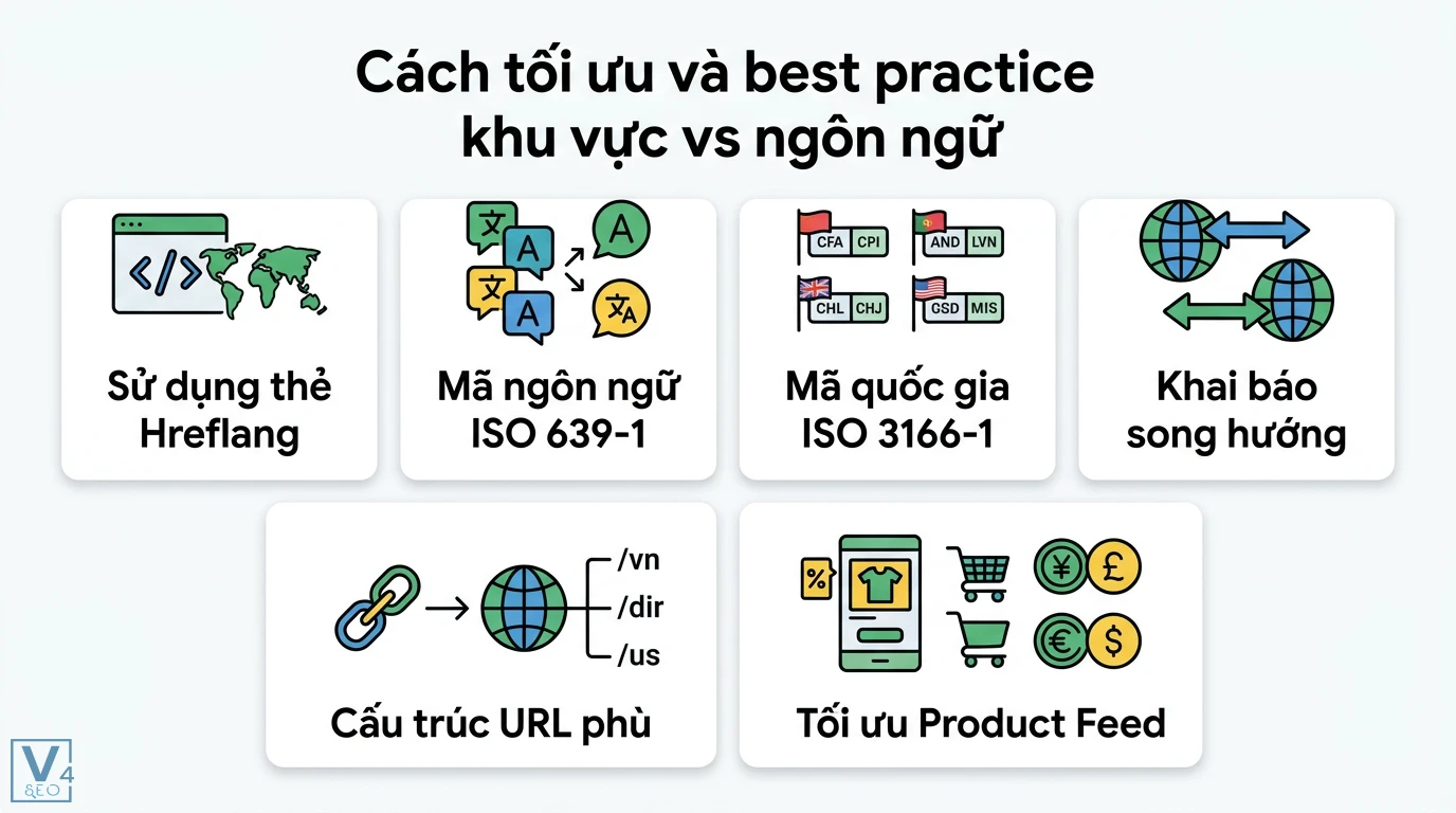 Phân biệt khu vực vs ngôn ngữ là gì trong SEO và ngôn ngữ học 2 Tối ưu khu vực và ngôn ngữ bằng thẻ Hreflang, mã ISO 639-1, ISO 3166-1, khai báo song hướng, cấu trúc URL và dữ liệu Product Feed chuẩn SEO
