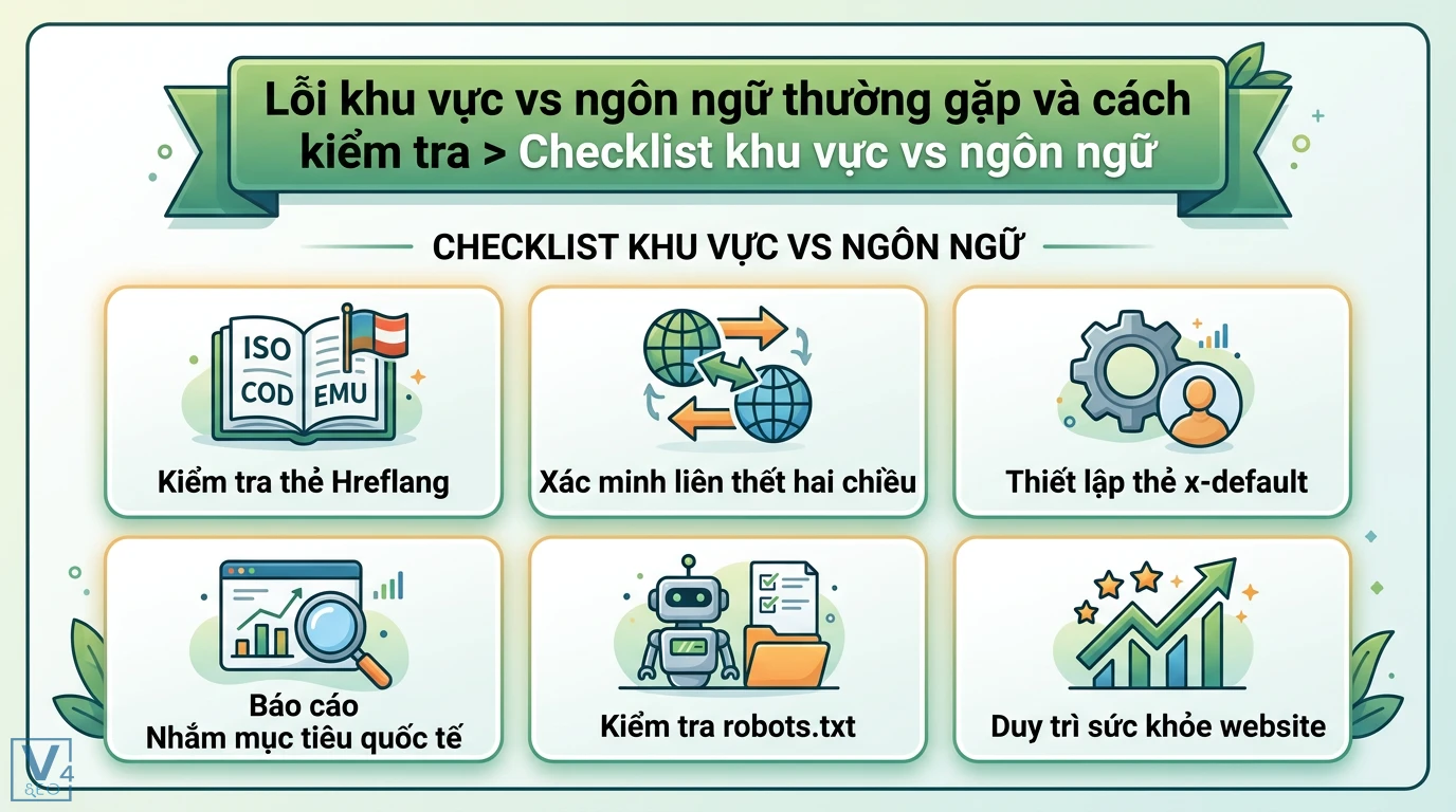 Phân biệt khu vực vs ngôn ngữ là gì trong SEO và ngôn ngữ học 3 Checklist khu vực và ngôn ngữ gồm kiểm tra thẻ Hreflang, liên kết hai chiều, x-default, báo cáo nhắm mục tiêu quốc tế và file robots.txt
