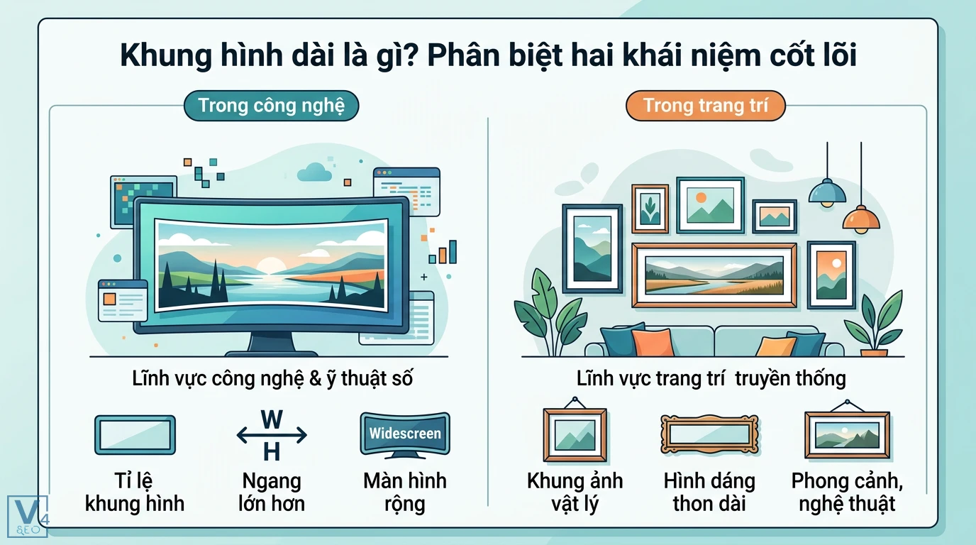 Khung hình dài là gì? Tỉ lệ màn hình và khung ảnh treo tường 1 Khung hình dài phân biệt tỉ lệ màn hình rộng trong công nghệ và các khung ảnh vật lý thon dài dùng trong trang trí nội thất