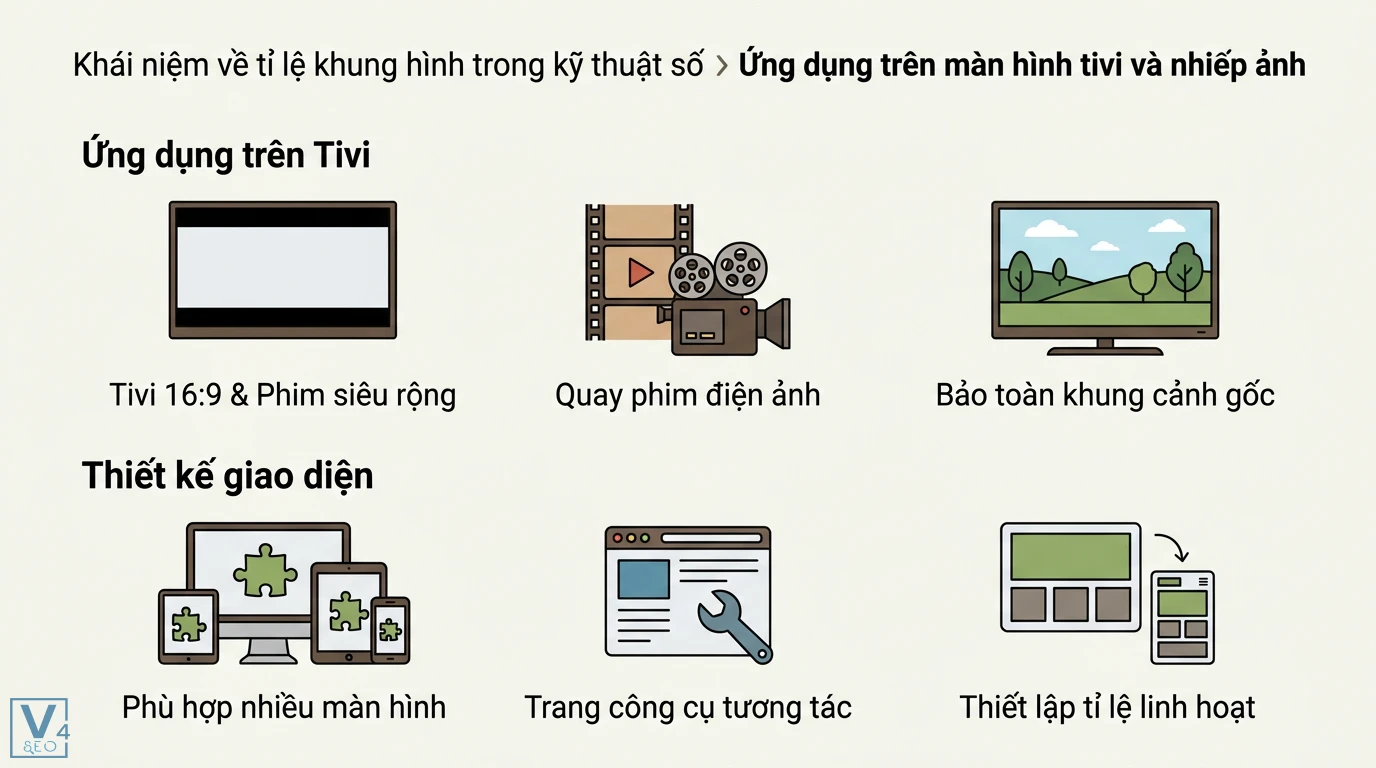 Khung hình dài là gì? Tỉ lệ màn hình và khung ảnh treo tường 2 Ứng dụng tỉ lệ khung hình tivi 16:9 bảo toàn khung cảnh điện ảnh và thiết kế giao diện linh hoạt tương tác phù hợp nhiều màn hình thiết bị