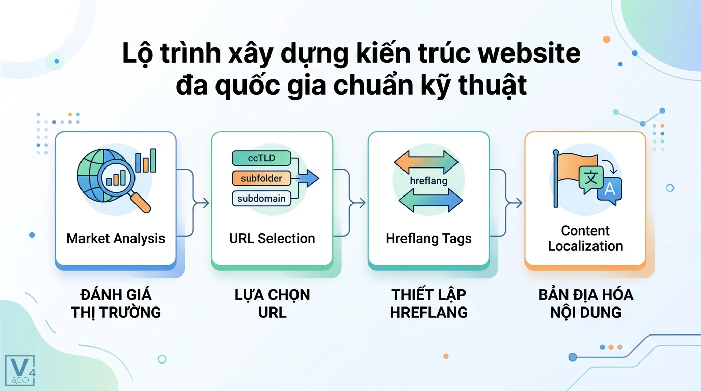 Kiến trúc international SEO là gì? Cách chọn cấu trúc URL chuẩn 2 Lộ trình xây dựng kiến trúc website đa quốc gia gồm đánh giá thị trường, chọn URL, thiết lập thẻ hreflang và bản địa hóa nội dung chuẩn kỹ thuật