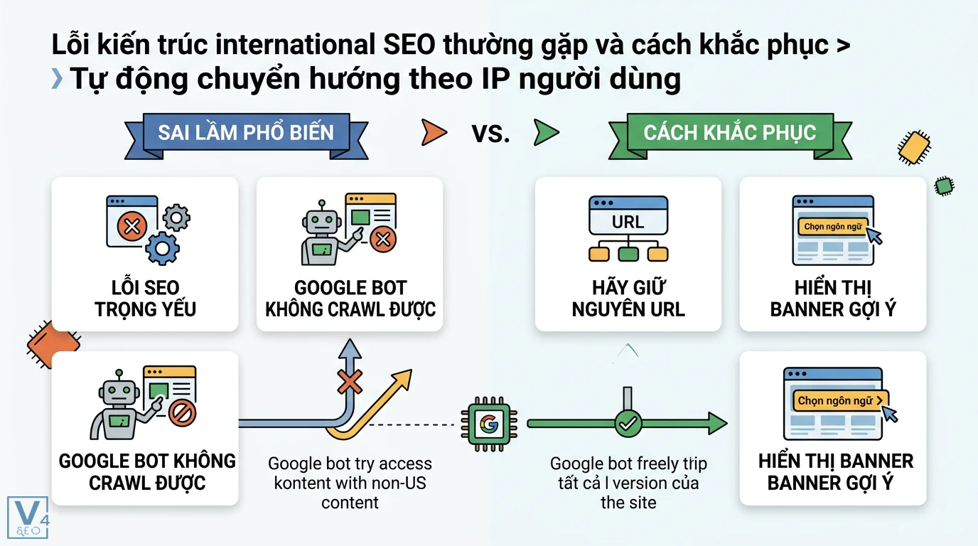 Kiến trúc international SEO là gì? Cách chọn cấu trúc URL chuẩn 3 So sánh lỗi tự động chuyển hướng theo IP và cách khắc phục bằng banner gợi ý ngôn ngữ giúp Google Bot thu thập dữ liệu International SEO