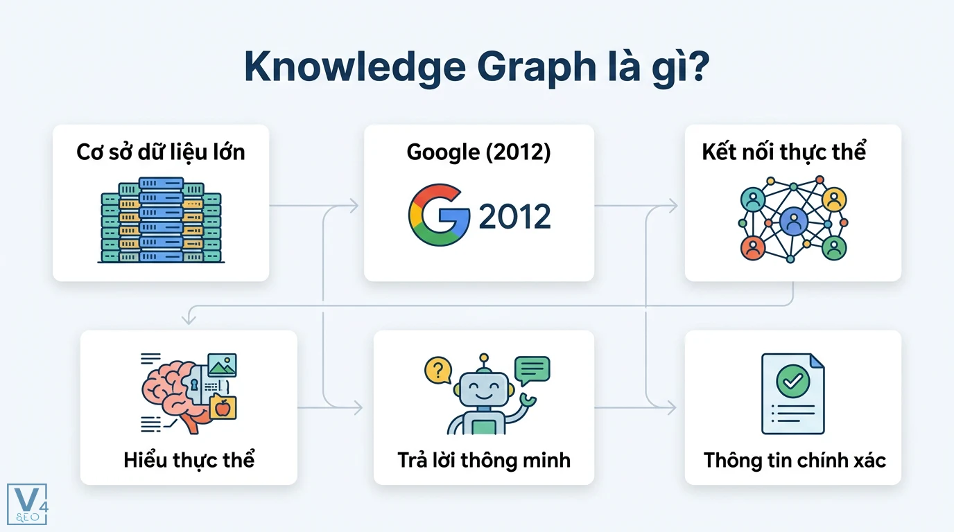 Knowledge Graph là gì? Cách tối ưu Entity và Schema cho SEO 1 Knowledge Graph Google từ 2012 kết nối thực thể trong cơ sở dữ liệu lớn giúp hiểu thực thể, trả lời thông minh và cung cấp thông tin chính xác