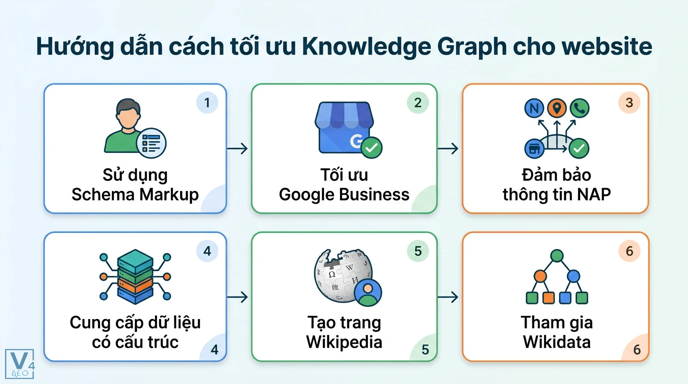 Knowledge Graph là gì? Cách tối ưu Entity và Schema cho SEO 2 Các bước tối ưu Knowledge Graph cho website gồm Schema Markup, Google Business, đồng bộ NAP, dữ liệu cấu trúc, Wikipedia và Wikidata