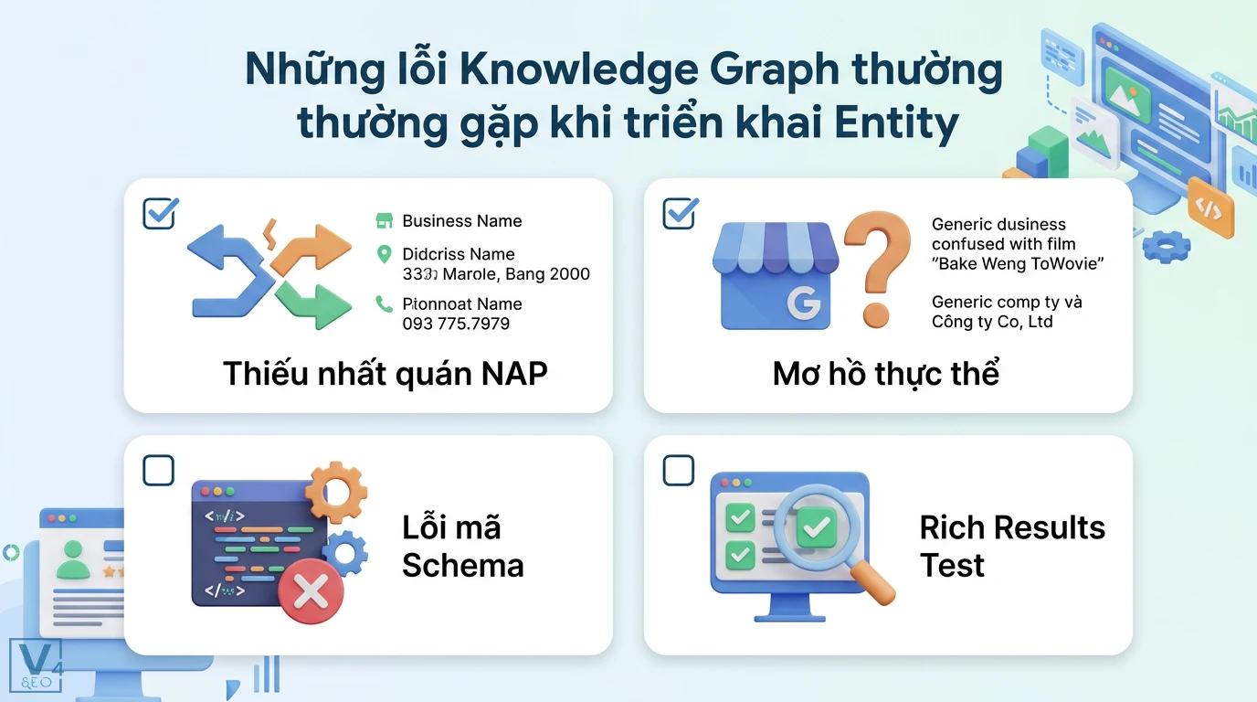 Knowledge Graph là gì? Cách tối ưu Entity và Schema cho SEO 3 Những lỗi Knowledge Graph khi triển khai Entity gồm thiếu nhất quán NAP, mơ hồ thực thể, lỗi mã Schema và kiểm tra bằng Rich Results Test