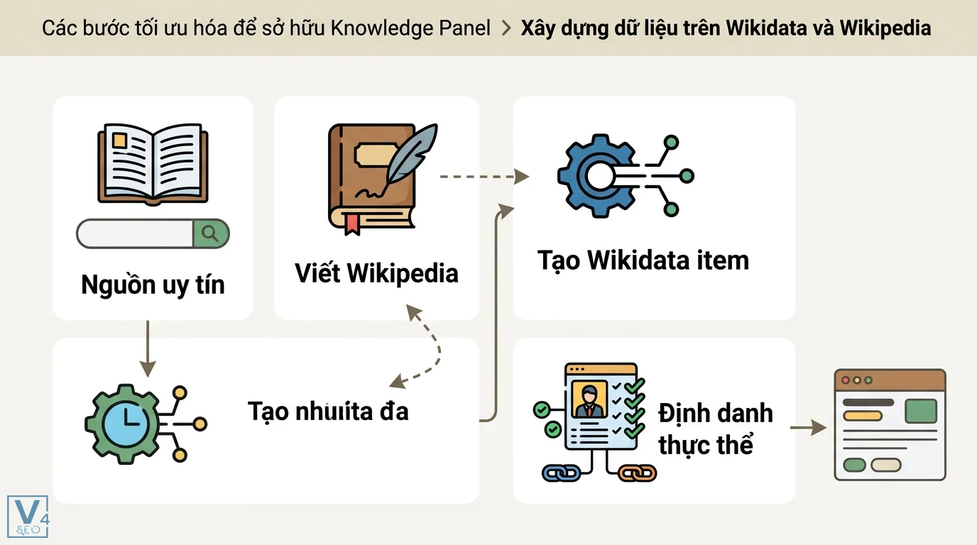 Knowledge Panel là gì? Cách xây dựng Entity chuẩn Google AI 2 Xây dựng dữ liệu trên Wikidata và Wikipedia từ nguồn uy tín giúp định danh thực thể và tối ưu hóa hiển thị Knowledge Panel trên Google