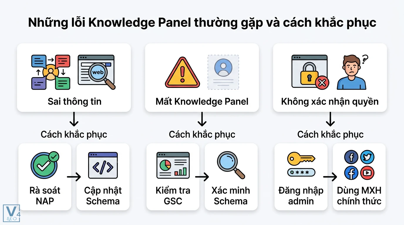 Knowledge Panel là gì? Cách xây dựng Entity chuẩn Google AI 3 Khắc phục lỗi Knowledge Panel sai thông tin, bị mất hoặc không xác nhận quyền bằng cách rà soát NAP, cập nhật Schema, GSC và đăng nhập admin