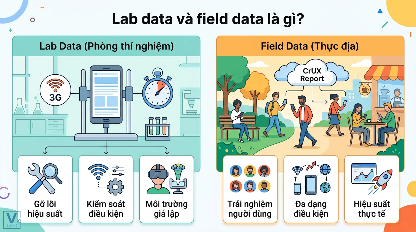 Lab data vs field data là gì? Cách xử lý khi kết quả mâu thuẫn 1 So sánh Lab data gỡ lỗi trong môi trường giả lập và Field data phản ánh trải nghiệm người dùng thực tế từ CrUX Report để tối ưu website