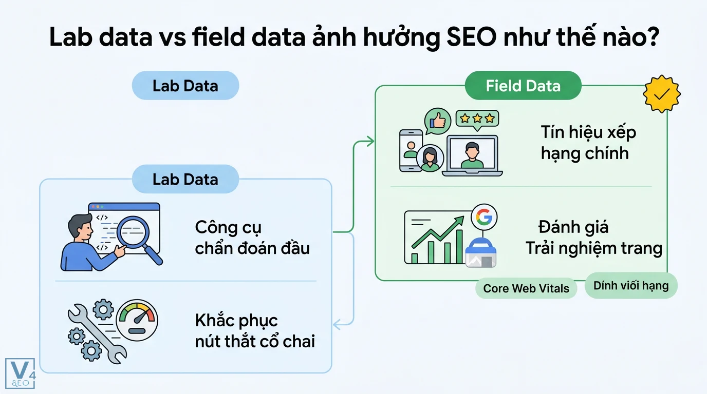 Lab data vs field data là gì? Cách xử lý khi kết quả mâu thuẫn 2 Lab Data giúp chẩn đoán và khắc phục nút thắt cổ chai còn Field Data là tín hiệu xếp hạng chính để Google đánh giá trải nghiệm trang thực tế