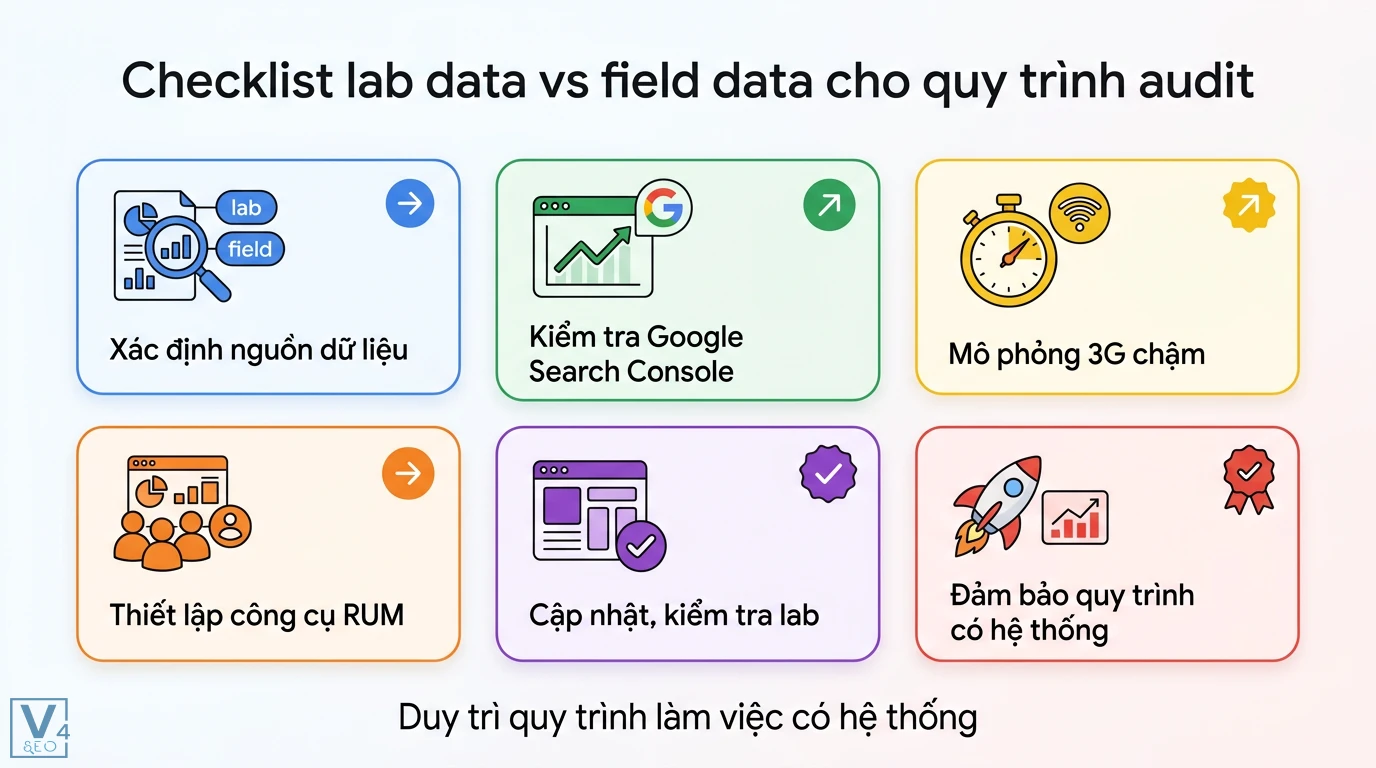 Lab data vs field data là gì? Cách xử lý khi kết quả mâu thuẫn 3 Checklist quy trình audit lab data và field data gồm xác định nguồn dữ liệu, kiểm tra Google Search Console, mô phỏng 3G và thiết lập công cụ RUM