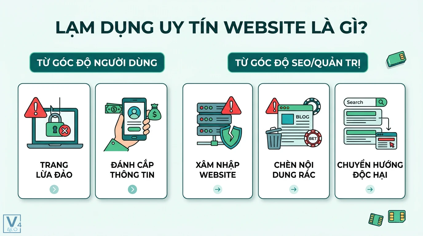 Lạm dụng uy tín website là gì? Cách nhận diện và phòng tránh 1 Lạm dụng uy tín website gồm hành vi tạo trang lừa đảo, đánh cắp thông tin, xâm nhập website, chèn nội dung rác và chuyển hướng độc hại