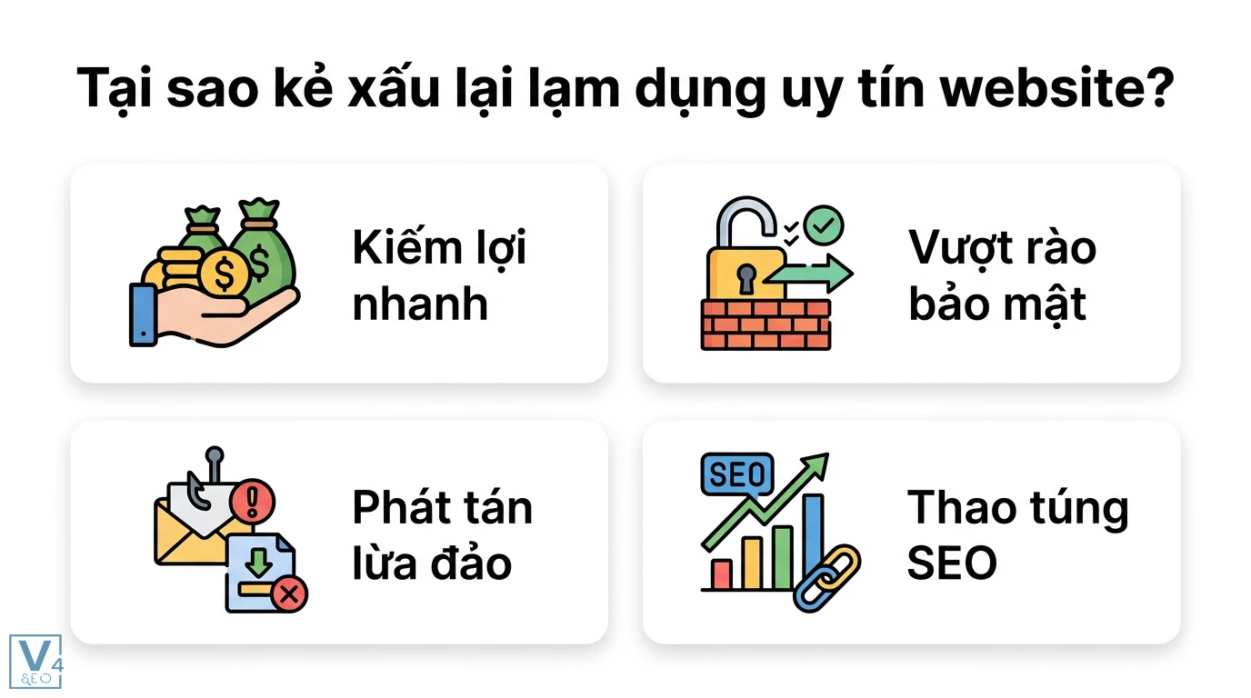 Lạm dụng uy tín website là gì? Cách nhận diện và phòng tránh 2 Động cơ kẻ xấu lạm dụng uy tín website để kiếm lợi nhanh, vượt rào bảo mật, phát tán nội dung lừa đảo và thực hiện các hành vi thao túng SEO