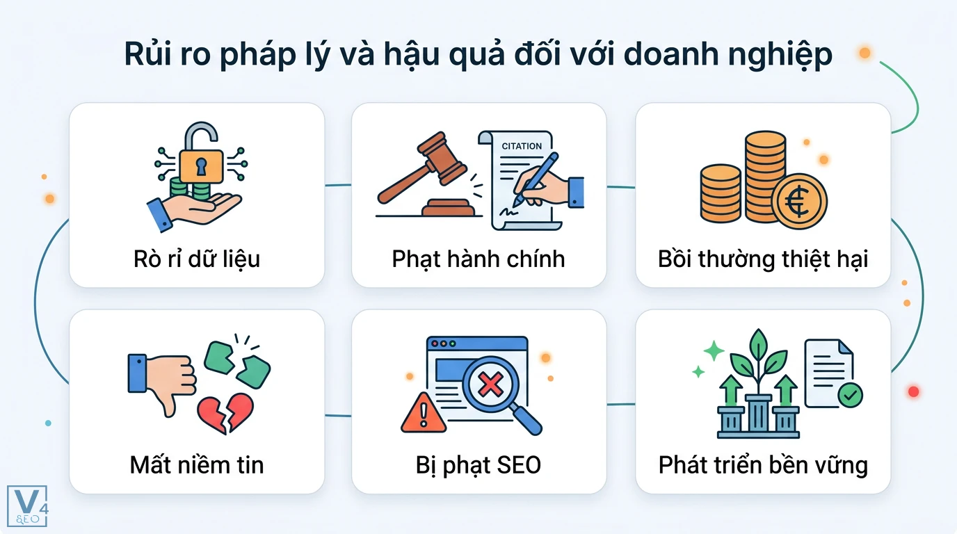 Lạm dụng uy tín website là gì? Cách nhận diện và phòng tránh 3 Rủi ro pháp lý, hậu quả doanh nghiệp: rò rỉ dữ liệu, phạt hành chính, bồi thường thiệt hại, mất niềm tin, bị phạt SEO, phát triển bền vững