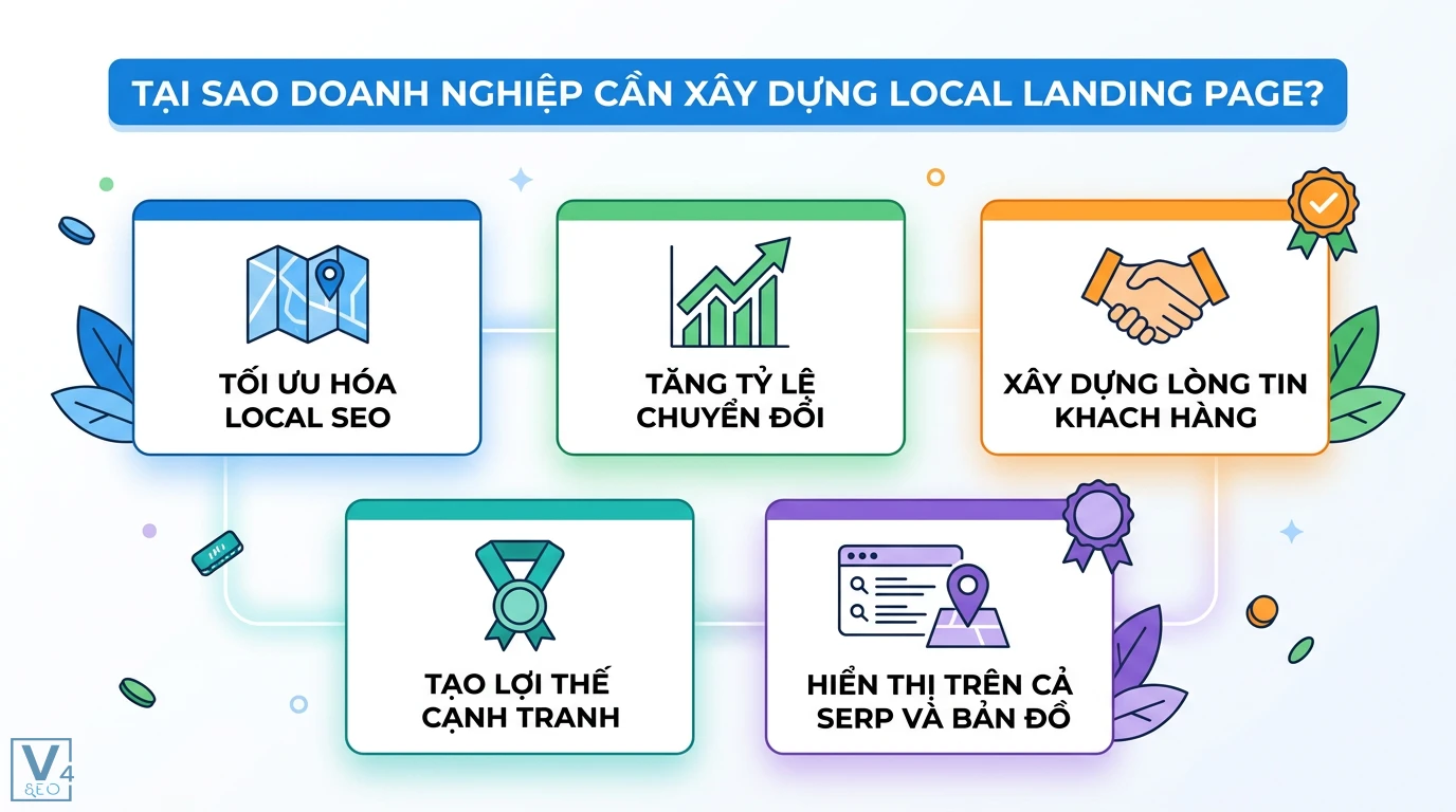 Landing page địa phương là gì? Hướng dẫn tối ưu NAP và Schema 1 Lợi ích của local landing page giúp tối ưu Local SEO, tăng chuyển đổi, tạo lợi thế cạnh tranh và hiển thị trên Google Search cùng bản đồ