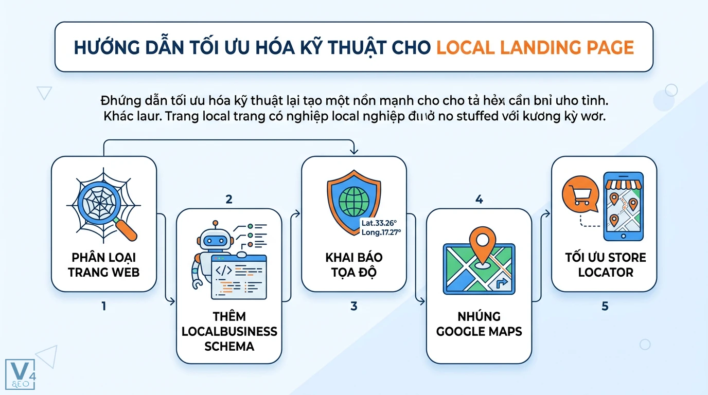 Landing page địa phương là gì? Hướng dẫn tối ưu NAP và Schema 2 Tối ưu local landing page qua việc phân loại trang, thêm Schema LocalBusiness, khai báo tọa độ, nhúng Google Maps và tối ưu store locator