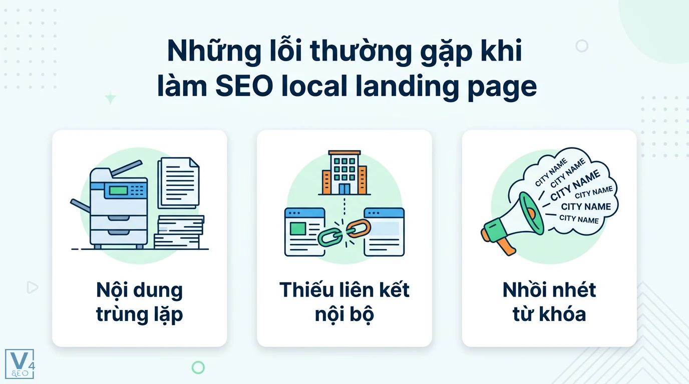 Landing page địa phương là gì? Hướng dẫn tối ưu NAP và Schema 3 Những lỗi thường gặp khi làm SEO local landing page gồm nội dung trùng lặp, thiếu liên kết nội bộ và nhồi nhét từ khóa địa phương