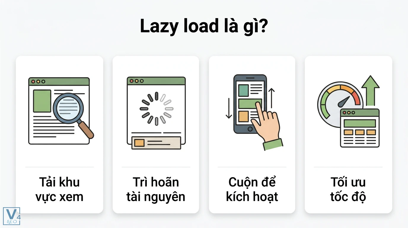 Lazy load là gì? Kỹ thuật tối ưu Core Web Vitals và tốc độ website 1 Lazy load tối ưu tốc độ website bằng cách trì hoãn tài nguyên và chỉ tải khu vực xem khi người dùng cuộn trang để kích hoạt