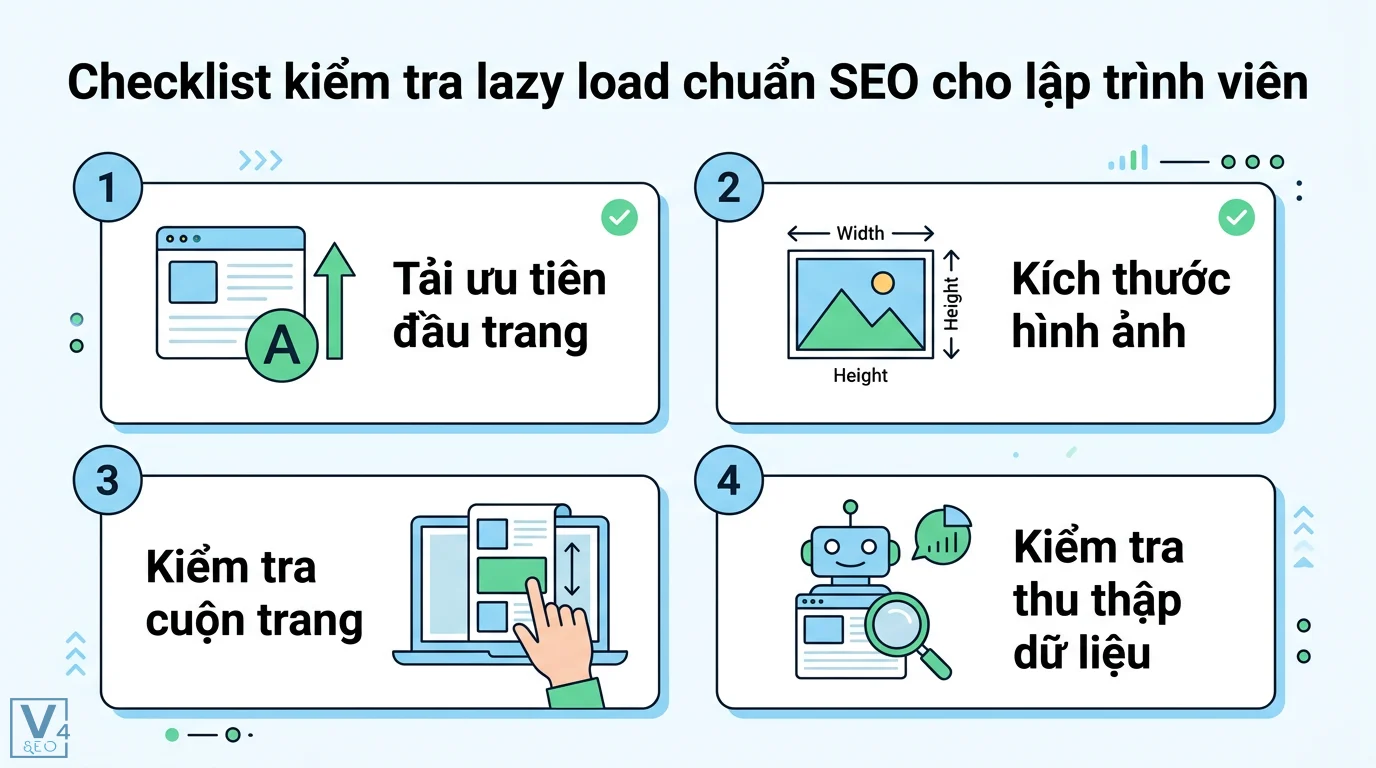Lazy load là gì? Kỹ thuật tối ưu Core Web Vitals và tốc độ website 3 Checklist kiểm tra lazy load chuẩn SEO gồm ưu tiên tải đầu trang, khai báo kích thước hiển thị, cuộn trang và kiểm tra thu thập dữ liệu