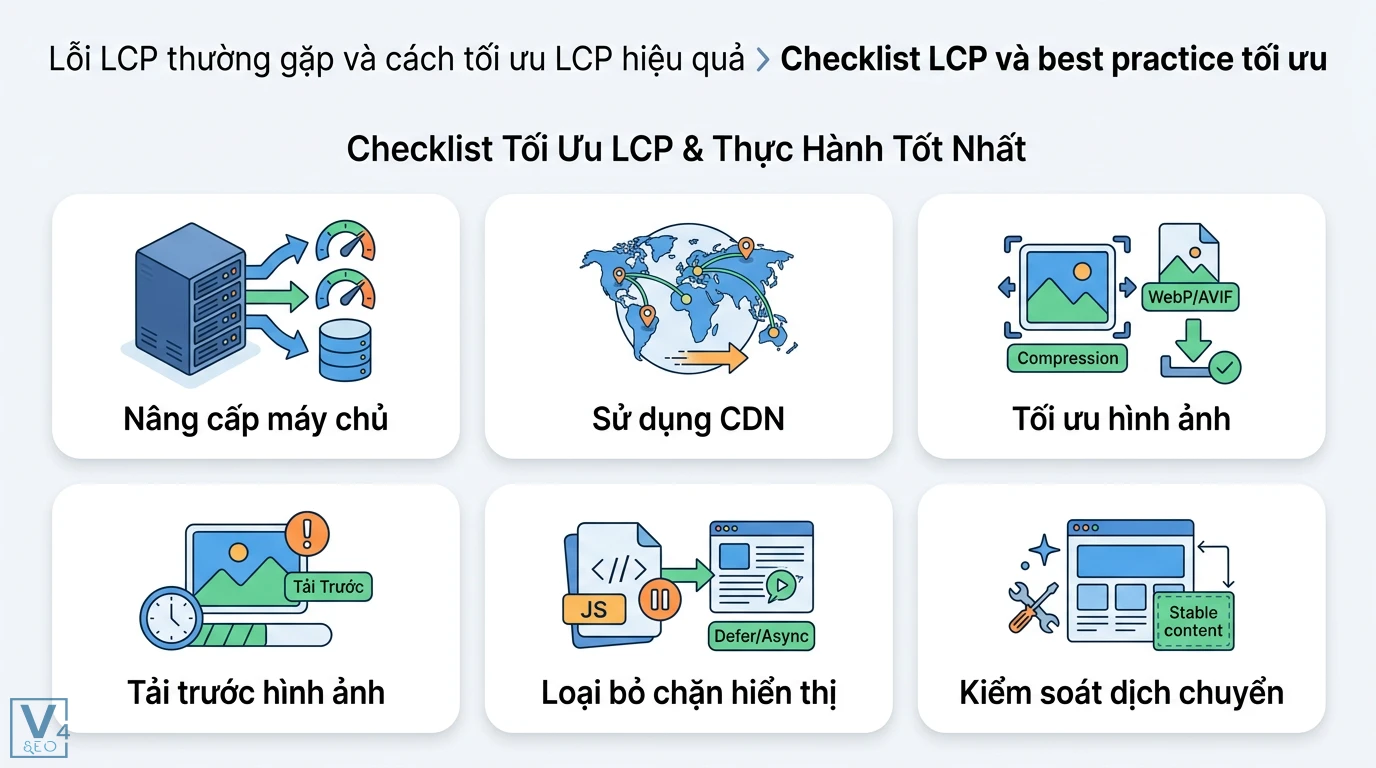 LCP là gì? Giải mã giải đấu LMHT mới và chỉ số Core Web Vitals 3 Checklist tối ưu LCP gồm nâng cấp máy chủ, dùng CDN, nén WebP, tải trước nội dung, loại bỏ chặn hiển thị và kiểm soát dịch chuyển phần tử