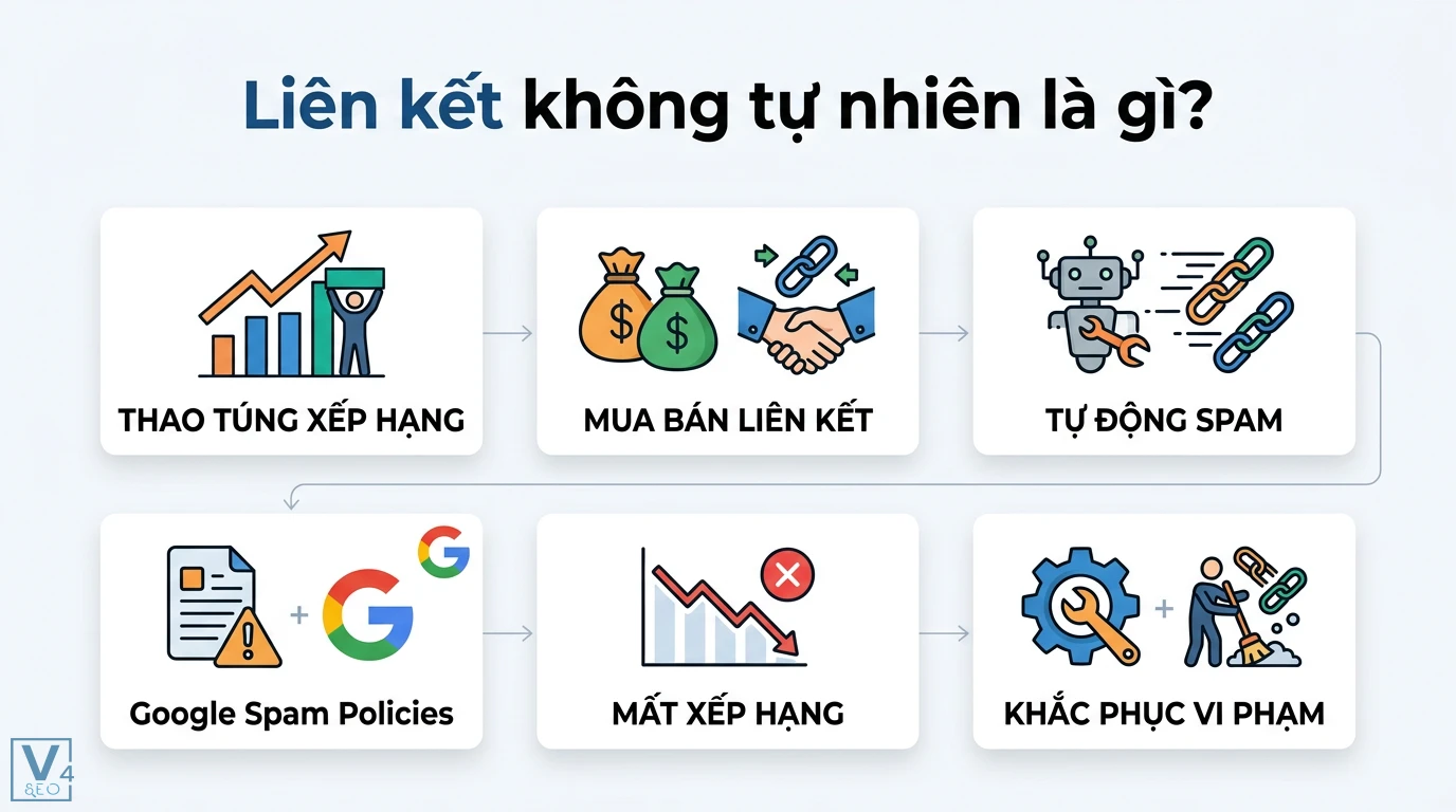 Liên kết không tự nhiên là gì? Cẩm nang kiểm soát Backlink sạch 2026 3 Liên kết không tự nhiên qua việc mua bán link và spam tự động vi phạm Google Spam Policies dẫn đến mất xếp hạng và yêu cầu khắc phục vi phạm