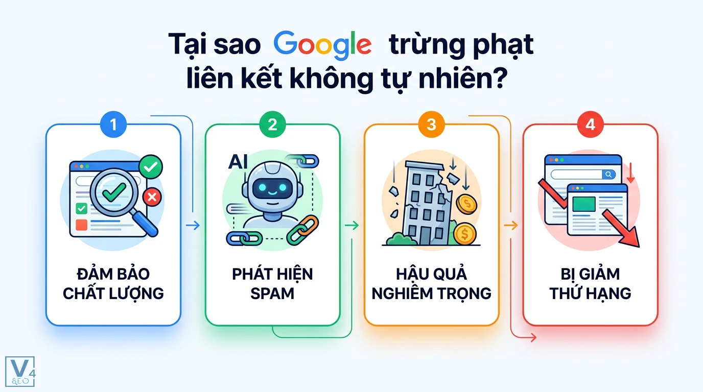 Liên kết không tự nhiên là gì? Cẩm nang kiểm soát Backlink sạch 2026 1 Quy trình Google trừng phạt liên kết không tự nhiên gồm kiểm định chất lượng, AI phát hiện spam, hậu quả nghiêm trọng và bị giảm thứ hạng